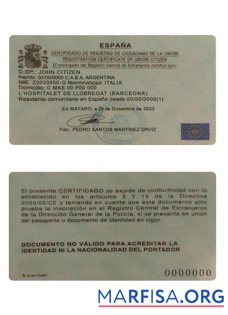 Downloadable Spain registration certificate of union citizen example